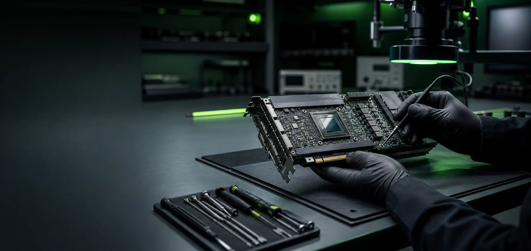 TensorVault repair bench inspecting a high-performance GPU with precision equipment