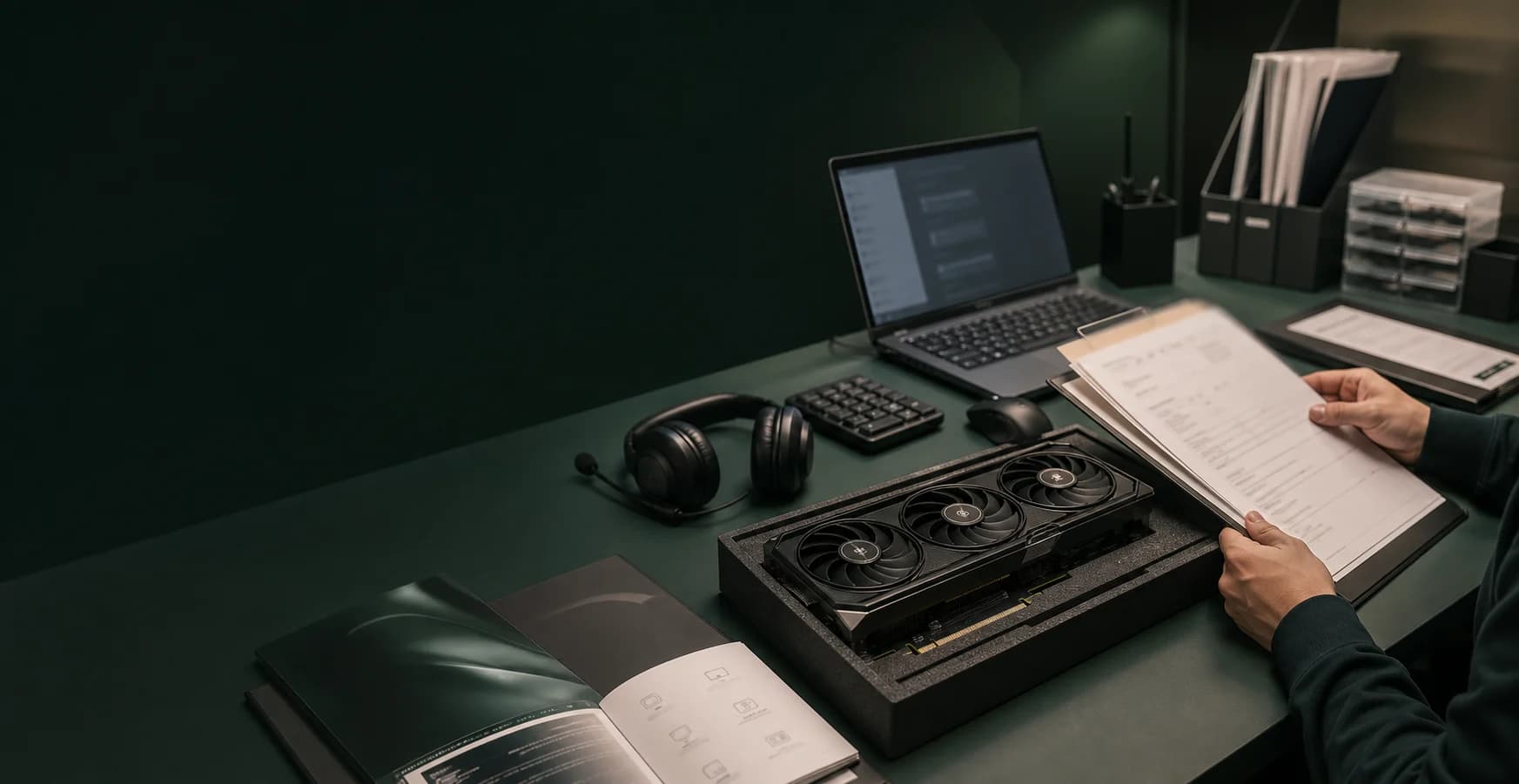 TensorVault support desk reviewing GPU repair inquiry and intake materials