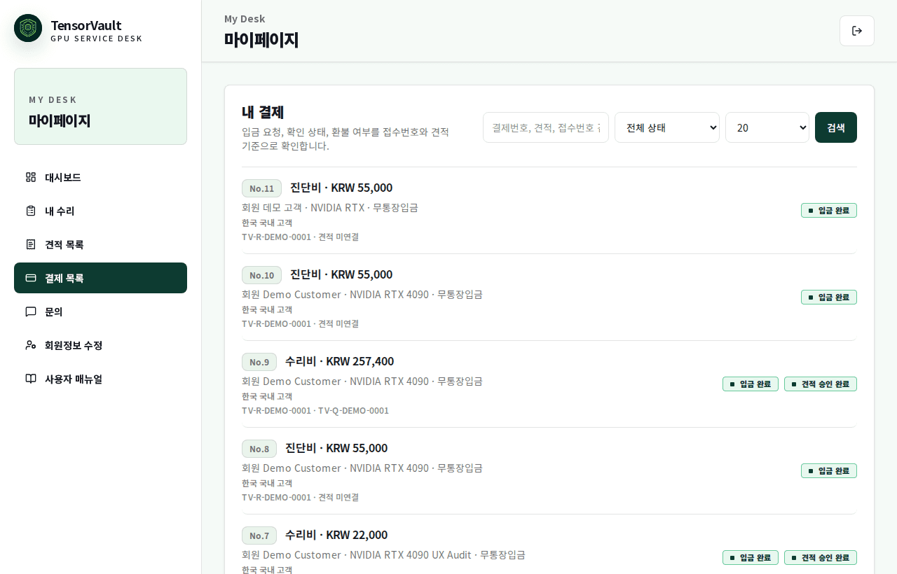 회원 결제 목록 화면의 결제번호 금액 결제상태