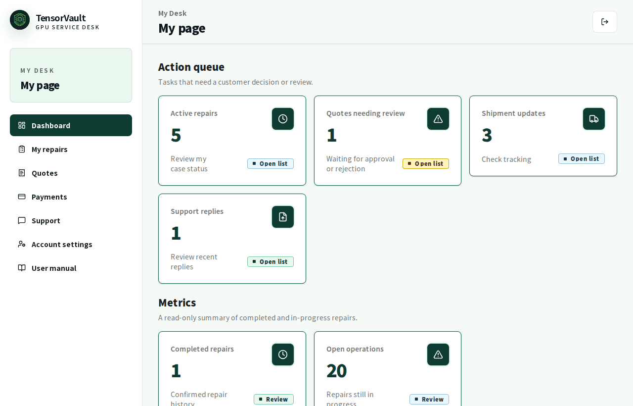 Customer My Desk dashboard and customer sidebar menu