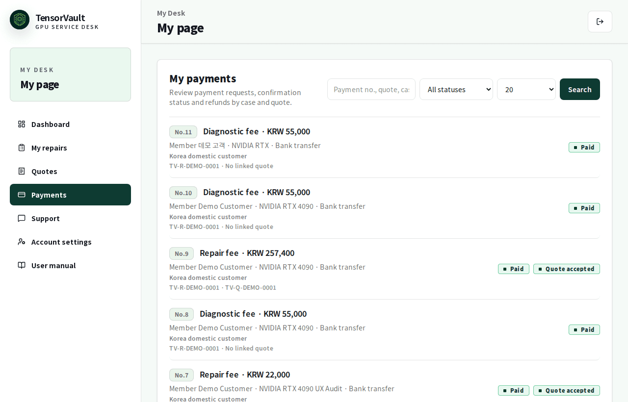 Customer payment list with payment number amount and payment status